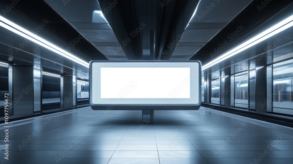 A transparent billboard mockup illuminated at dusk, positioned in a sleek, futuristic train station A transparent billboard mockup illuminated at dusk, positioned in a sleek, futuristic train station