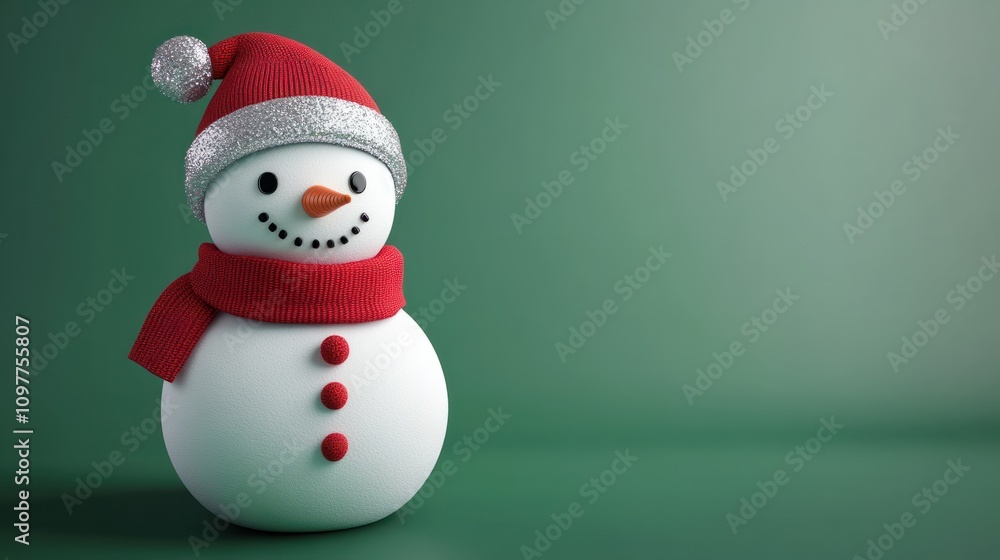 Fototapeta premium A cute 3D snowman looking sideways .an empty green wall for text space, wearing a red scarf and hat with shiny silver confetti on a green background
