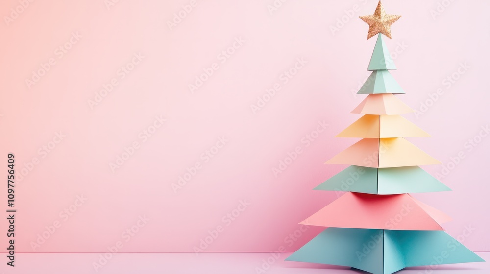 A simple pastel-colored paper Christmas tree with geometric shapes and a star on top. Whimsical and dreamy aesthetic. Atmosphere of joy and warmth. A simple pastel-colored paper Christmas tree with geometric shapes and a star on top. Whimsical and dreamy aesthetic. Atmosphere of joy and warmth.