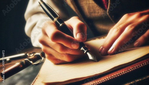 A man crafting handwritten notes with a fountain pen on aged parchment, evoking elegance and tradition photo