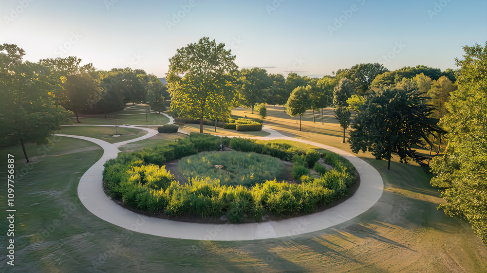 Fototapeta premium View of serene park with winding paths and lush greenery surrounded by trees, cozy urban environment, place to relax in the city