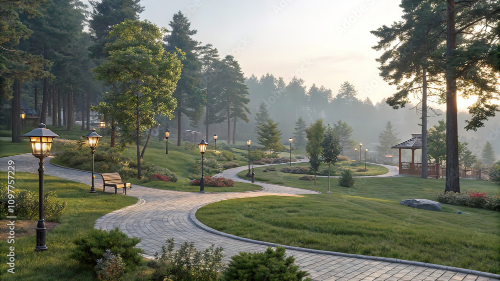 View of serene park with winding paths and lush greenery surrounded by trees, cozy urban environment, place to relax in the city