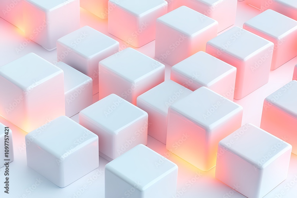 Obraz premium Abstract arrangement of glowing white cubes with a soft gradient background.