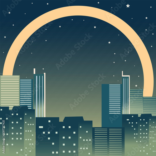 Night cityscape with high-rise buildings, vector. 