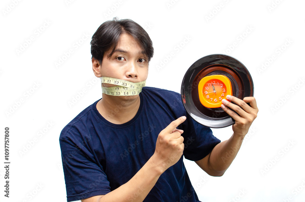 A frustated young Asian man on diet covered his mouth using measurement tape while holding an empty plate and clock as a concept of waiting time to break fasting. A frustated young Asian man on diet covered his mouth using measurement tape while holding an empty plate and clock as a concept of waiting time to break fasting.