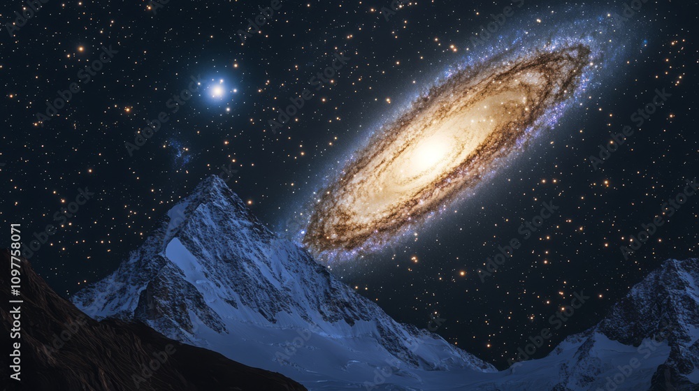 Majestic galaxy over snow-capped mountains at night. Majestic galaxy over snow-capped mountains at night.