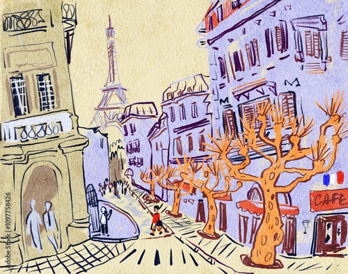 Photography Hand drawn street. Paris. France.