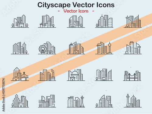 Icons illustrating cityscape and urban themes in vector style