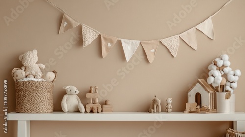 Kida??s room with white shelf, wooden toys, cozy decorations, and cotton flags on a beige wall photo