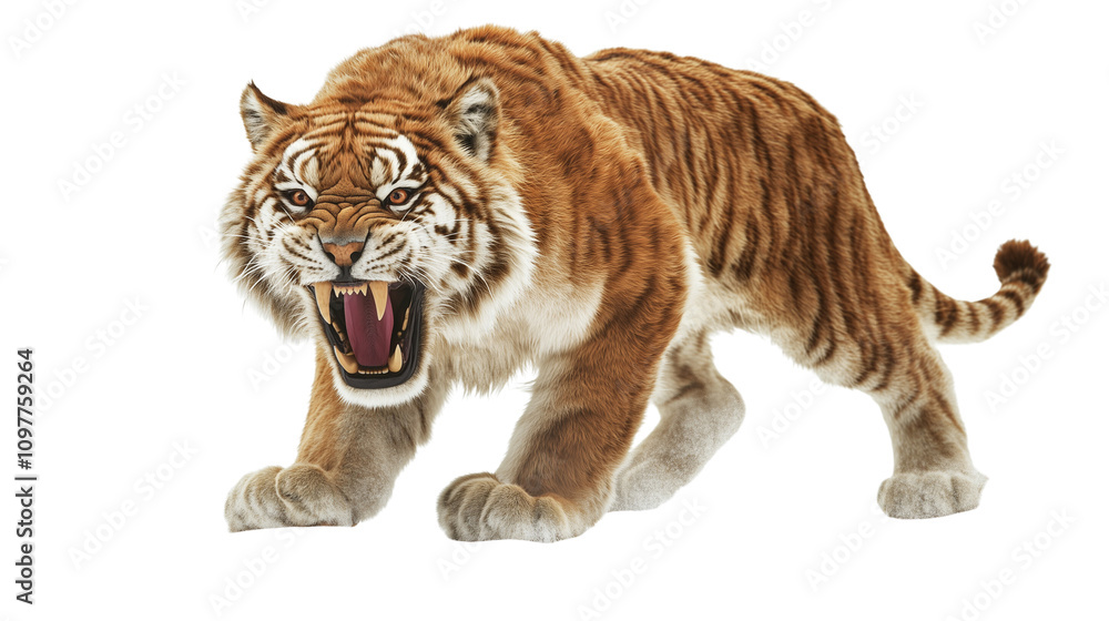 Obraz premium A snarling tiger beast with sharp fangs and dynamic fur textures, standing on a pristine, PNG format Background. Generative AI 