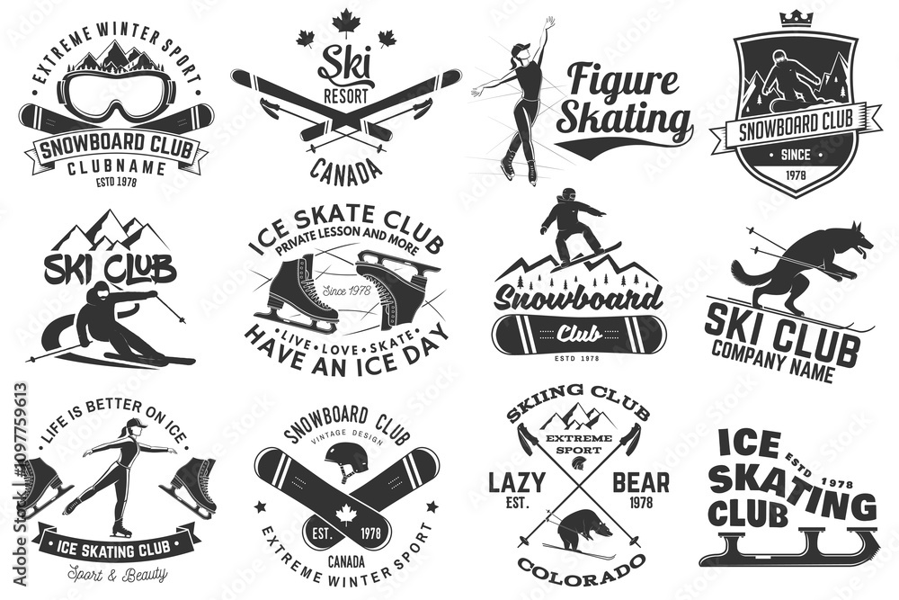 Ski, Ice Skate and Snowboard Club emblem. Vector. Concept for shirt, print, stamp, badge or tee. Vintage typography design with snowboarder, skate, skates blades and skier silhouette. Winter sport Ski, Ice Skate and Snowboard Club emblem. Vector. Concept for shirt, print, stamp, badge or tee. Vintage typography design with snowboarder, skate, skates blades and skier silhouette. Winter sport