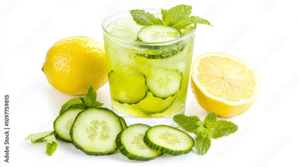 A refreshing cucumber lemonade garnished with cucumber slices and lemon wedges, Each sip's crispness and citrusy tang captured with precision A refreshing cucumber lemonade garnished with cucumber slices and lemon wedges, Each sip's crispness and citrusy tang captured with precision