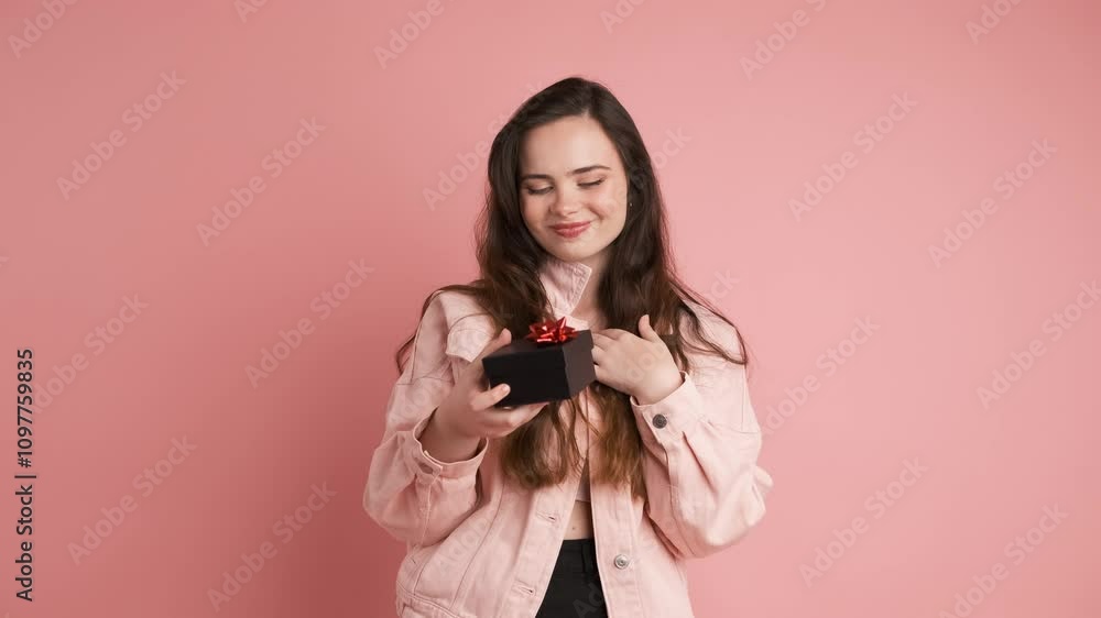 Happy young woman receiving gift box in pink studio Happy young woman receiving gift box in pink studio