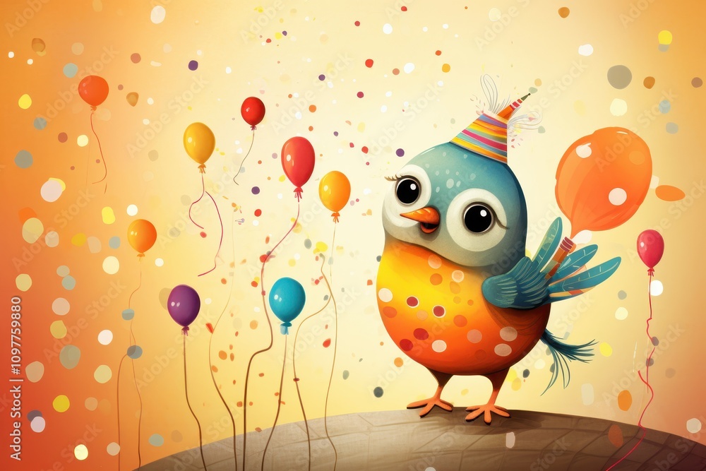 Obraz premium Playful Bird with Birthday Sign and Balloons