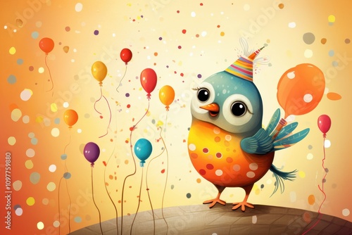 Playful Bird with Birthday Sign and Balloons