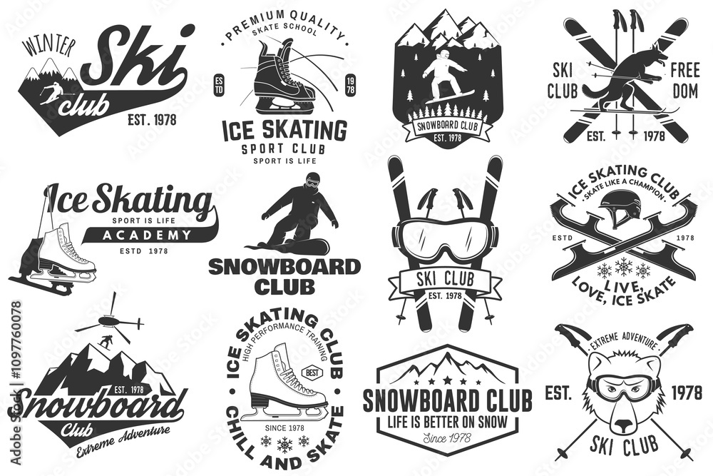 Ski, Ice Skate and Snowboard Club emblem. Vector. Concept for shirt, print, stamp, badge or tee. Vintage typography design with snowboarder, skate, skates blades and skier silhouette. Winter sport Ski, Ice Skate and Snowboard Club emblem. Vector. Concept for shirt, print, stamp, badge or tee. Vintage typography design with snowboarder, skate, skates blades and skier silhouette. Winter sport