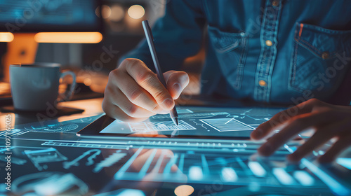 A professional sketching a new product design on a tablet, high tech workspace, concept of creativity and innovation

