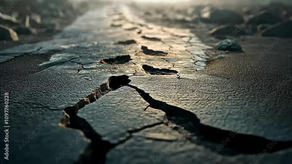A close-up view of a cracked surface, highlighting the texture and details of the ground, possibly after weathering or erosion, with soft light illuminating the scene. A close-up view of a cracked surface, highlighting the texture and details of the ground, possibly after weathering or erosion, with soft light illuminating the scene.