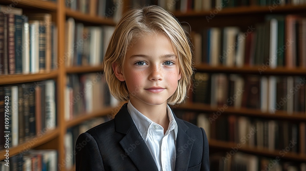 Young Boy in Suit Bookshelf Background Education Child Portrait Young Boy in Suit Bookshelf Background Education Child Portrait