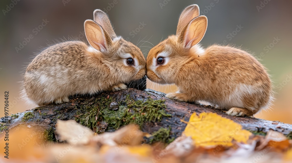 Adorable Bunny Rabbits Snuggling on Autumn Log Wildlife Nature Forest Fall Leaves Adorable Bunny Rabbits Snuggling on Autumn Log Wildlife Nature Forest Fall Leaves