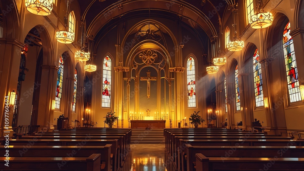 A warm church interior, bathed in soft, golden light. ornate ceilings with grand arches and pillars adorned with gold accents. Stained glass windows cast colorful, The altar is illuminated by candles. A warm church interior, bathed in soft, golden light. ornate ceilings with grand arches and pillars adorned with gold accents. Stained glass windows cast colorful, The altar is illuminated by candles.