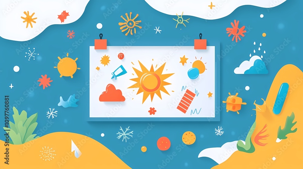 Fototapeta premium Colorful and Creative Illustration of Sun and Weather Elements with Whimsical Background Suitable for Seasonal and Artistic Themes