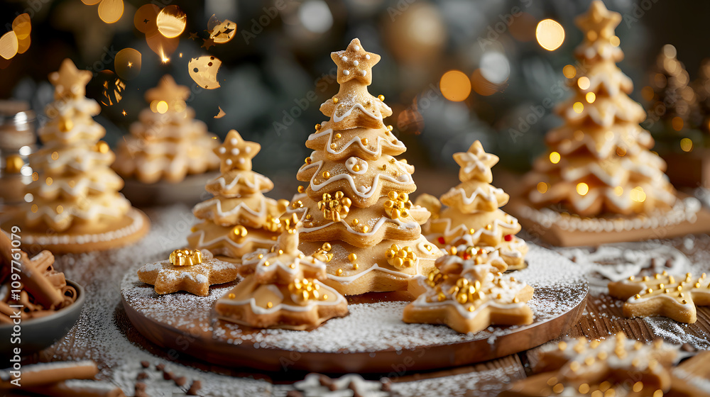 Festive Christmas Tree Cookies with Golden Decorations and Snow Festive Christmas Tree Cookies with Golden Decorations and Snow