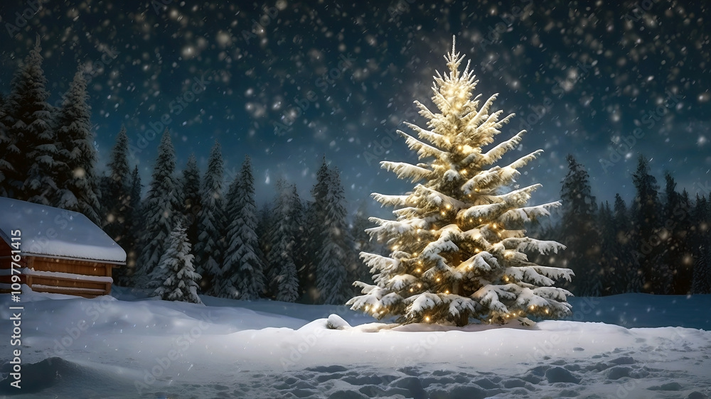 Winter spruce tree covered with snow and decorated with Christmas lights. Snowy evening in the country. Winter forest with lighting Christmas tree. Ideal for Christmas themed best-selling wallpaper. Winter spruce tree covered with snow and decorated with Christmas lights. Snowy evening in the country. Winter forest with lighting Christmas tree. Ideal for Christmas themed best-selling wallpaper.