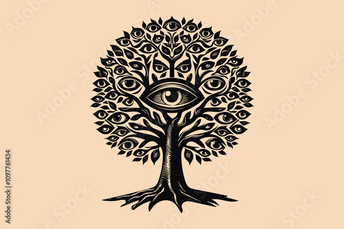 Surreal black and white engraving vector illustration of a tree with eyes on its branches, symbolizing knowledge, awareness, and mystical connection to nature and wisdom. Isolated print, cut out