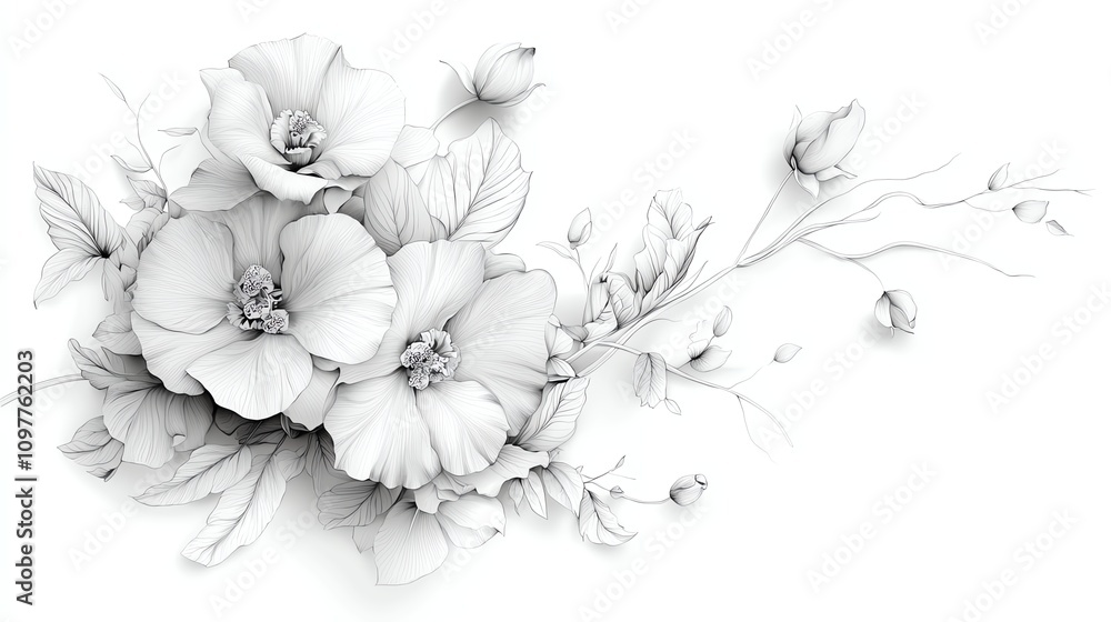 Fototapeta premium Elegant floral sketch with delicate blossoms.