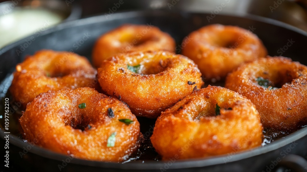 A tempting image of Indian vadas frying in a pan, their golden crust forming, and garnished with fresh herbs. A perfect representation of this popular South Indian dish loved for its crispy exterior A tempting image of Indian vadas frying in a pan, their golden crust forming, and garnished with fresh herbs. A perfect representation of this popular South Indian dish loved for its crispy exterior
