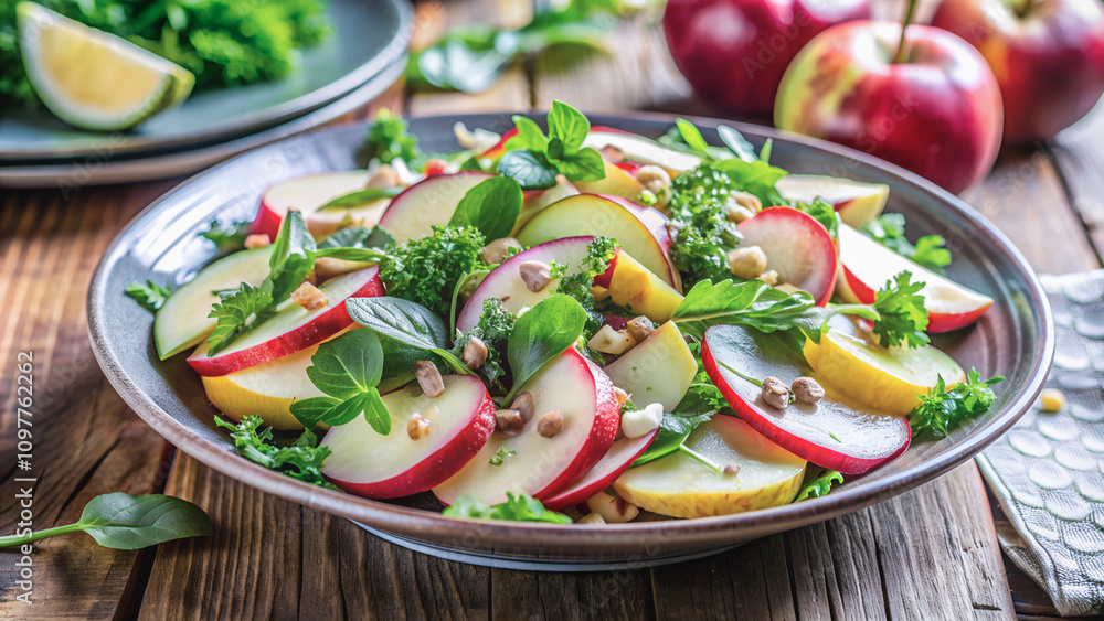Fresh apple salad with herbs in a plate, close-up shot on a wooden table. Fresh apple salad with herbs in a plate, close-up shot on a wooden table.