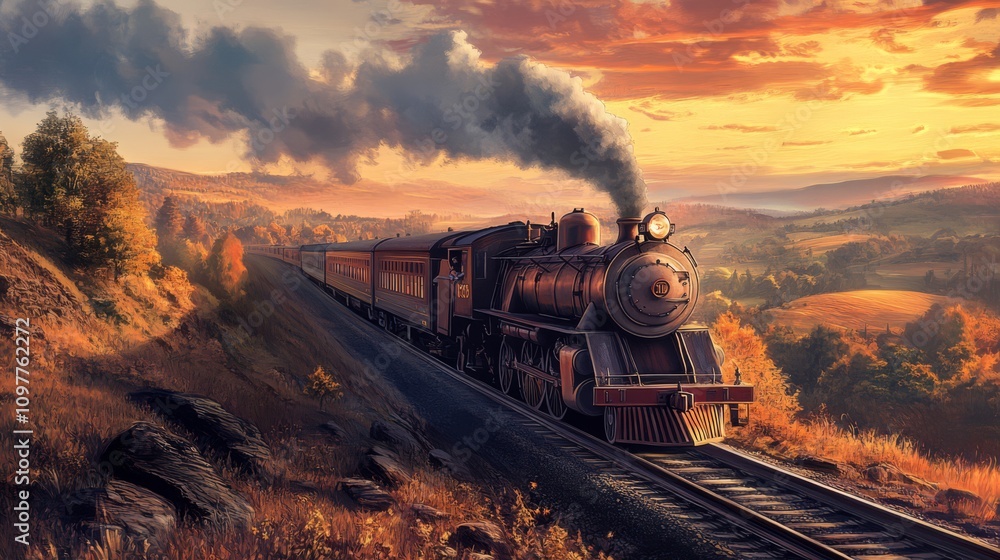Fototapeta premium Steam train journey through autumn landscape at sunset.