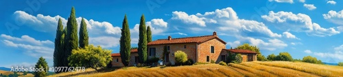 Scenic Tuscan Farmhouse Terrace with Olive Trees and Cypress