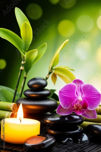 Smooth black basalt stones stacked in a pyramid formation on a dark bamboo mat. Next to the stones, position a vibrant orchid flower.