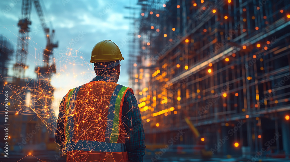Obraz premium Construction Worker with Digital Network Overlay 