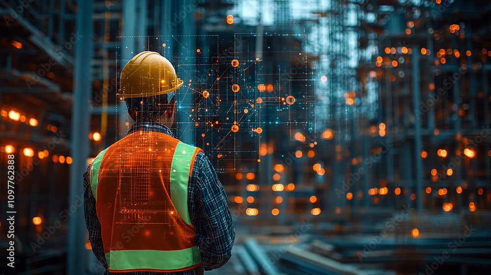 Obraz premium Construction Worker with Digital Network Overlay