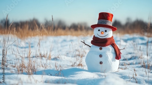 Funny snowman in stylish hat and red scalf on snowy field. Merry Christmass and happy New Year! photo