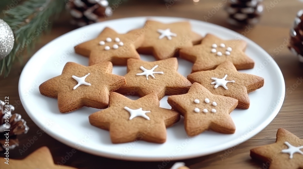 Gingerbread cookies and star cookies on a white plate surrounded by holiday decorations Gingerbread cookies and star cookies on a white plate surrounded by holiday decorations