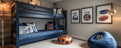 Stylish boya??s room with a navy blue loft bed, sports-themed artwork, and a cozy bean bag. Modern, clean lines and playful accents create a charming space photo