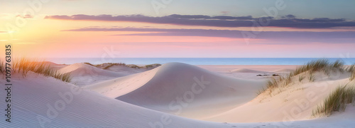 Panorama landscape of sand dunes system on beach at sunrise. created with Generative AI technology photo