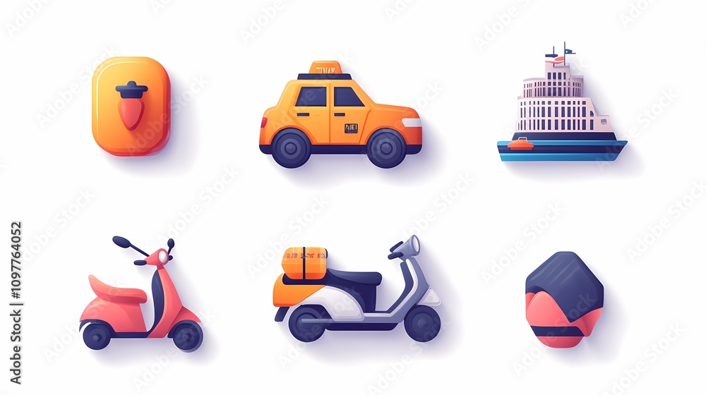 Fototapeta premium Colorful Vector Icons of Various Transportation Modes Including Taxi, Scooter, Ship, and Delivery Bike on White Background for Creative Projects and Web Use