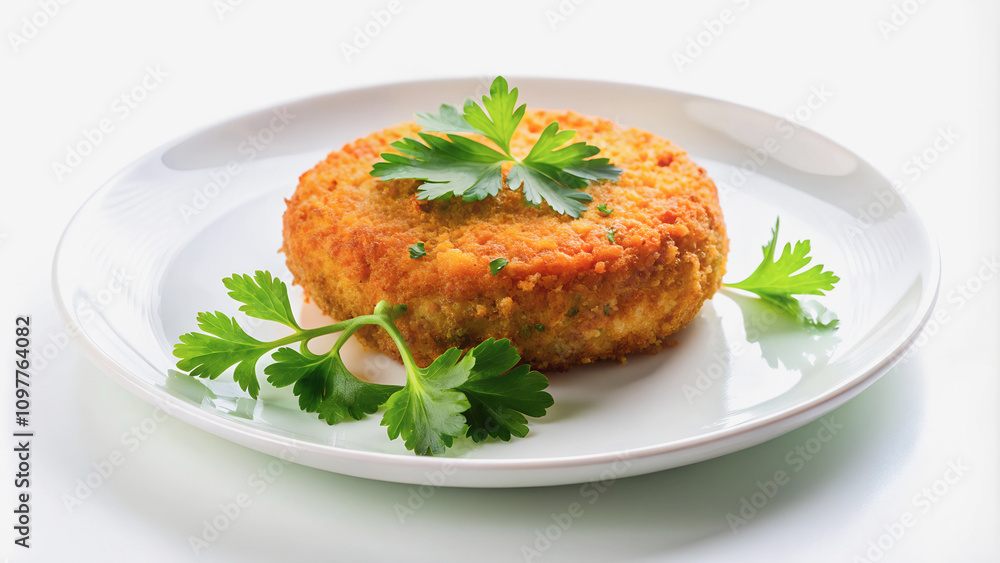 Healthy vegetarian cutlet with parsley on a white plate, on a white background, ideal for a vegan or diet menu. Healthy vegetarian cutlet with parsley on a white plate, on a white background, ideal for a vegan or diet menu.