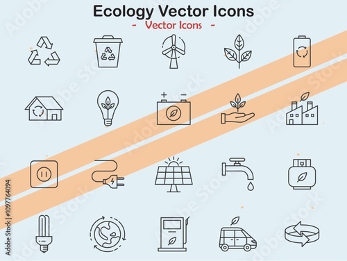 Icons related to ecology and environmental conservation  representing nature and green initiatives.