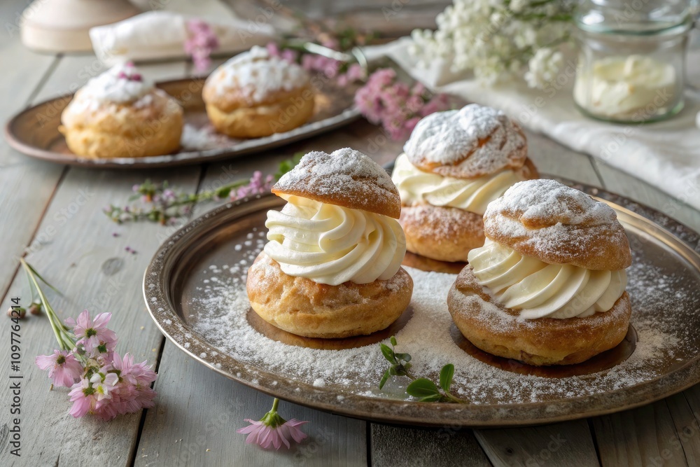 custom made wallpaper toronto digitalElegant Puff Pastry Cream Puffs with Whipped Cream and Powdered Sugar Displayed in a Beautiful Setting, Perfect for Dessert Lovers and Baking Enthusiasts