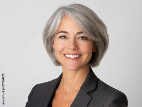 A confident businesswoman in her 40s with short gray hair and a gentle smile, wearing a blazer