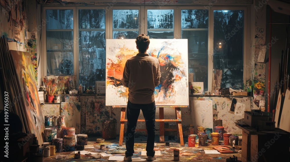 Creative Artist Contemplating Masterpiece in Colorful Studio Creative Artist Contemplating Masterpiece in Colorful Studio