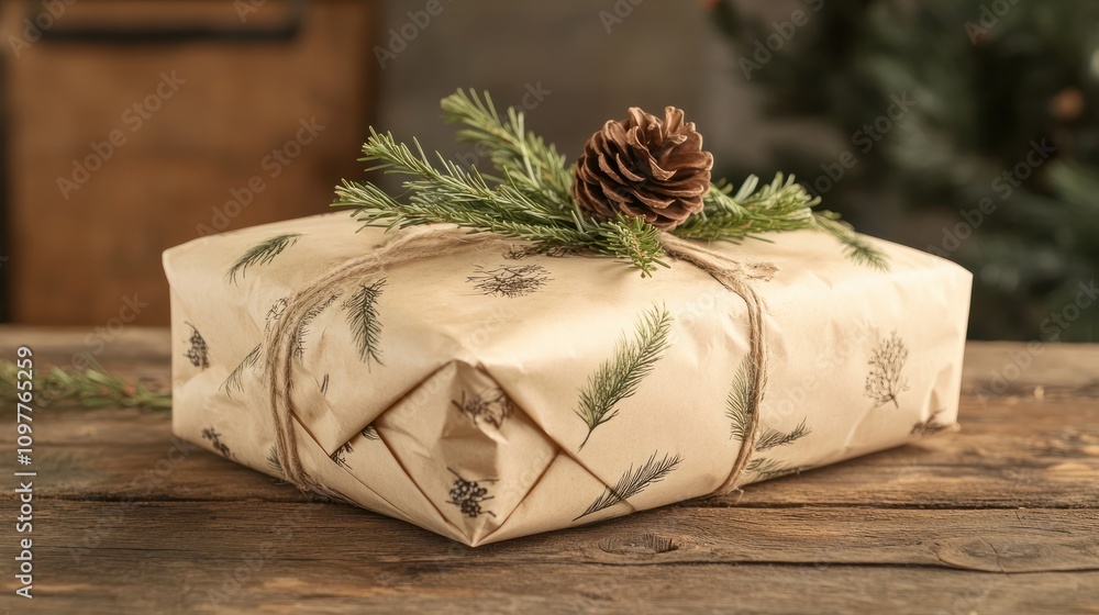 Rustic Christmas gift wrapped in brown paper with pine cone and greenery on wooden background. Perfect for eco-friendly holiday packaging or seasonal gift giving. Rustic Christmas gift wrapped in brown paper with pine cone and greenery on wooden background. Perfect for eco-friendly holiday packaging or seasonal gift giving.