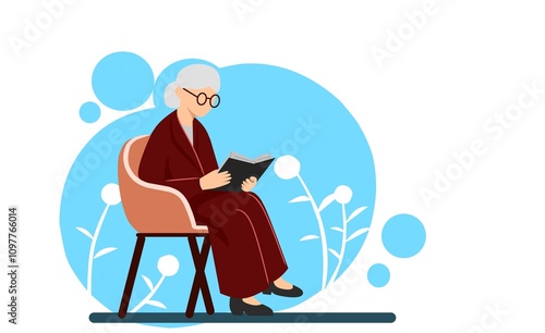illustration of a sticker design element in the form of a grandmother reading a book, sitting on a chair isolated on a white background