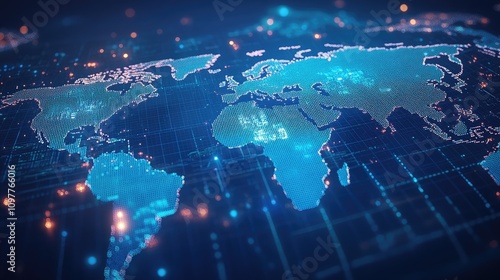 A digital world map illuminated in vibrant blue tones, highlighting global connectivity and technological advancement.